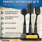 Dish Brush Set of 5 with Holder - Kitchen Scrub Brushes with Non-Slip Long Handle for Cleaning, Scrubber, Dishwashing, Dishes, Bottles, Straws, Cups, Pots & Sink, Black - Image 2
