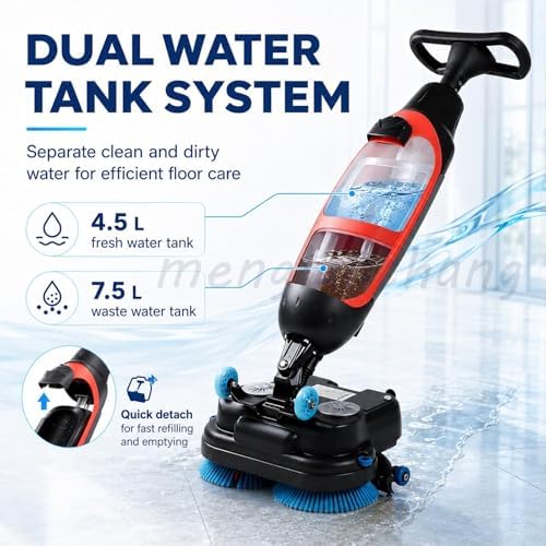 Cordless Floor Scrubber For Small Commercial Spaces,17In 140aw Walk-Behind Cleaning Machine W/360° Rotation Dual Brush/Squeegee Width 430mm-For Offices,Restaurants, Salons Retail Stores White - Image 5