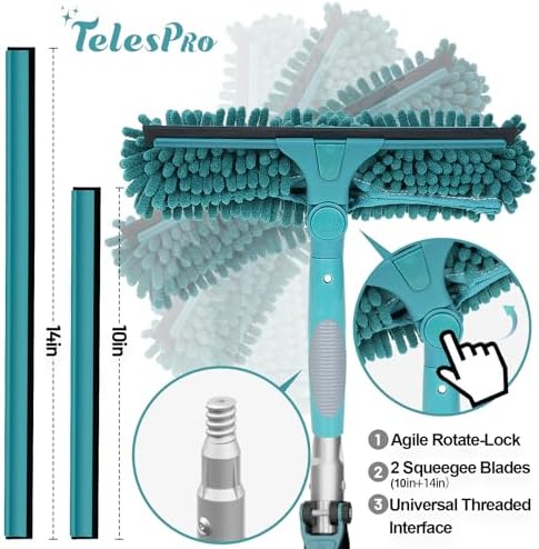 TelesPro 30 Feet High Reach Window Squeegee with 6-24 Ft Extension Pole, Window Cleaner Tool with 5-Stage Telescoping Pole, Window Cleaning Kit with Rotatable Head (2 Squeegee & 2 Microfibre Cloths) - Image 2