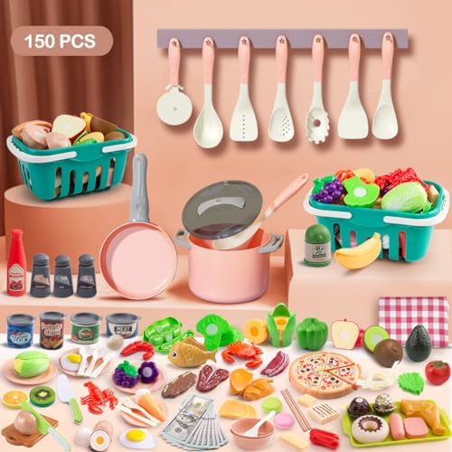 150Pcs Kitchen Playset, Toddlers Pretend Cooking Cookware Accessories, Food, Picnic Blanket, Fruits, Veges, 2Pack Shopping Storage Basket, Dessert and Prop Money, Gift for Kids (Pink) - Image 2