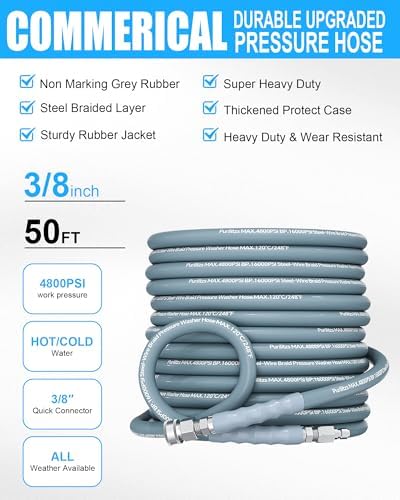 50ft Pressure Washer Hose 4800PSI, 3/8" Power Washing Hose Steel Wire Braided with Swivel Quick Connect, Non Marking Commercial Grade High Pressure Water Hose - Image 2