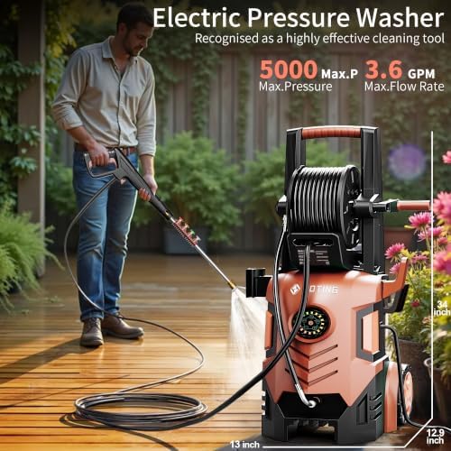 5000 Max Pressure Washer with Adj-8-Level Touch Screen, 34" Tall Power Washer, 35ft Power Cord w/GFCI, Inlet Hose&Filter&500mlFoam Cannon for Cars/Fences/Driveways/Home Cleaning，Red - Image 2