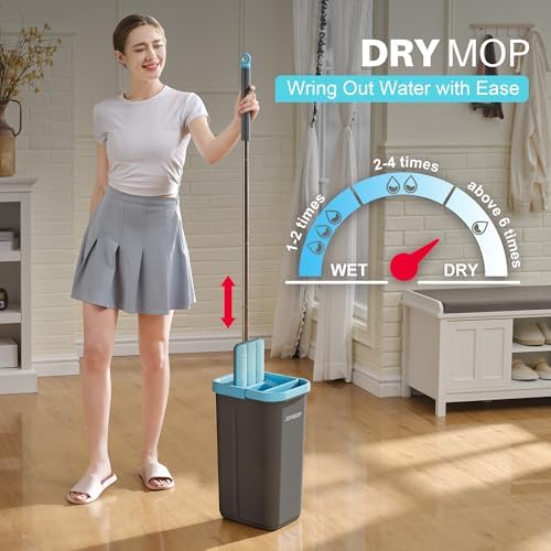 JOYMOOP Mop and Bucket Set with Wringer, with 3 Reusable Microfiber Mop Pads, Mops for Floor Cleaning and Wall Cleaning, Hands-Free Flat Mop for Home Use - Grey+Cyan Blue - Image 3