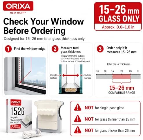 ORIXA Magnetic Window Cleaner, Double Sided Magnetic Glass Cleaning Tool for 15-26 mm Double Pane Windows, Inside Outside Washer with Safety Rope, Microfiber Pads and Squeegee - Image 3