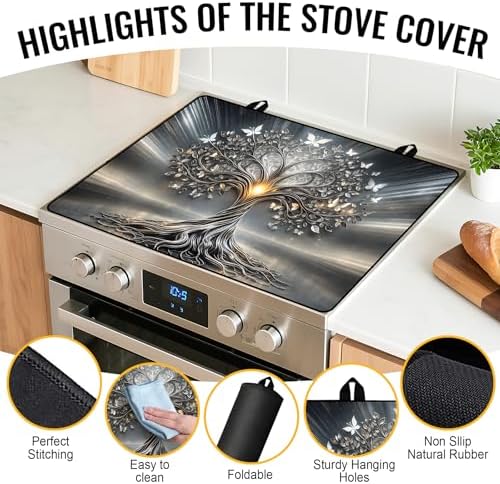NYZE Extra Counter Space Stove Cover for Glass Top Stoves, 28" x 20" Decorative Silver Tree of Life with Butterflies Cooktop Protector, Durable Heat Resistant Mat Pad for Kitchen Organization - Image 3