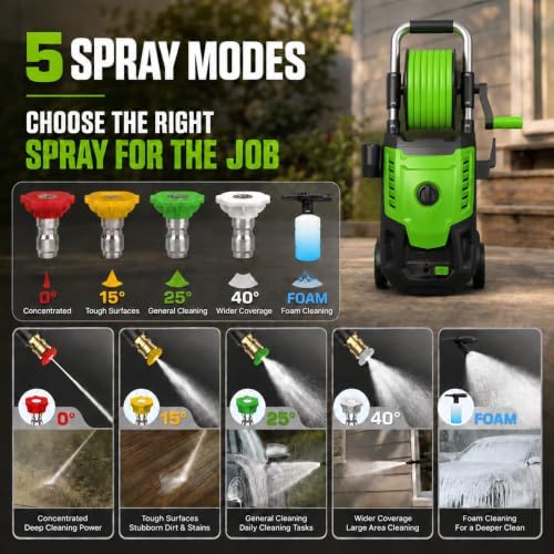 2026 New Electric Pressure Washer 4800 PSI 4.0GPM High Power Washer with 33ft Hose Reel,4 Nozzles and Foam Cannon for Cars/Home/Driveways/Patios/Fences, Green - Image 4