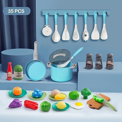 35Pcs Kids Kitchen Toy Accessories, Toddler Pretend Cooking Playset with Play Pots, Pans, Utensils, Cookware, Play Food Set, Toy Vegetables, Learning Gift for Girls & Boys (Turquoise) - Image 2