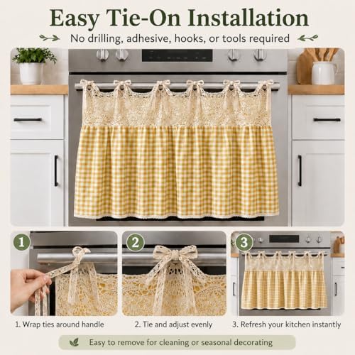 Vintage Oven Curtain Skirt for Farmhouse Kitchen Decor, Check Decorative Oven Door Curtain with Tie Top, Cottagecore Stove Handle Cover Skirt for Rustic Kitchen, Cabinet & Home Decor - Image 3
