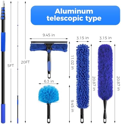 wlich 26ft Telescoping Dusting Kit, Aluminum 5-20ft Fan & Window Cleaner Set, Versatile Dusting Set with 5 Replaceable Heads for Cleaning Fans, Windows, and Hard-to-reach Areas Outdoors Without Ladder - Image 2