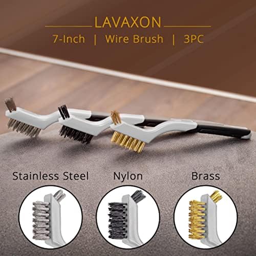 Lavaxon Wire Brush Set 3Pcs - Nylon/Brass/Stainless Steel Bristles with Curved Handle Grip for Rust, Dirt & Paint Scrubbing with Deep Cleaning – 7 Inches (Grey) - Image 4