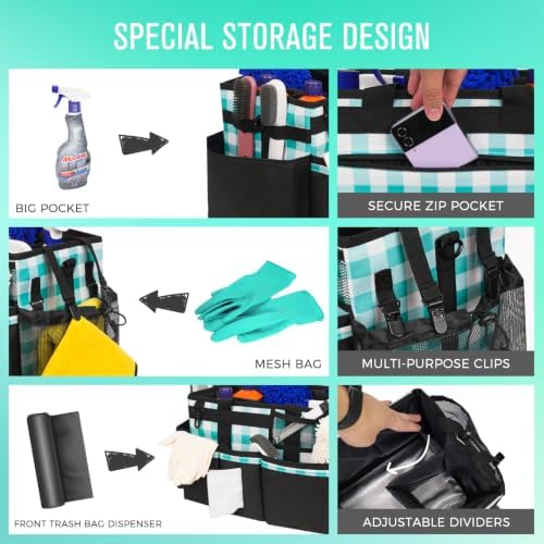 SCAVATA Wearable Cleaning Caddy, Cleaning Caddy Supplies Organizer with Handle & Shoulder Straps for Housekeepers, Under Sink & Car Cleaning Tool Organizers Bag with 4 Foldable Divider (BluePlaid) - Image 2