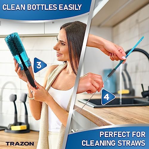 Dish Brush Set of 5 with Holder - Kitchen Scrub Brushes with Non-Slip Long Handle for Cleaning, Scrubber, Dishwashing, Dishes, Bottles, Straws, Cups, Pots & Sink, Black - Image 4