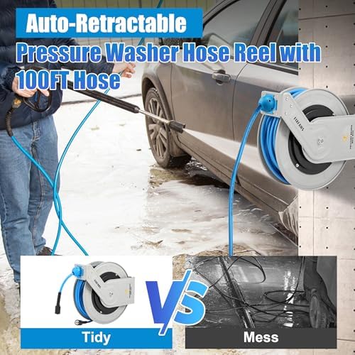 FIXFANS Pressure Washer Hose Reel with Hose 1/4"×100ft, Auto Rewind 3600PSI - Image 2