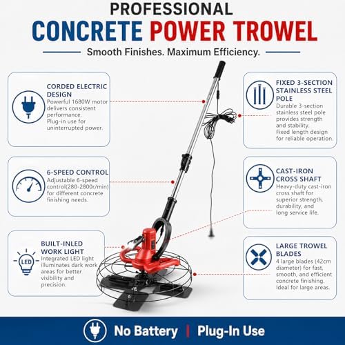 Electric Walk Behind Trowel,280-2800 RPM Adjustable,1680W Commercial Wall Smoothing Polisher,for Living Room/Bedroom Concrete Floor Leveling - Image 2