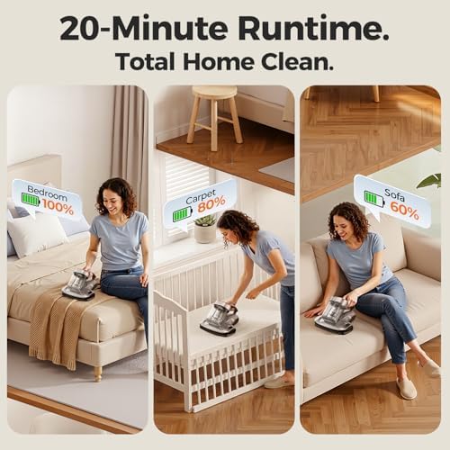 JIGOO 2-in-1 Mattress and Pet Hair Vacuum Cleaner, Bed Vacuum Cleaner with Dust Sensor, Ultrasonic and High Heating, Deep Cleaning Bed Vacuum for Sofa Bed Fabric Surface (S100 Cordless,Gray) - Image 4