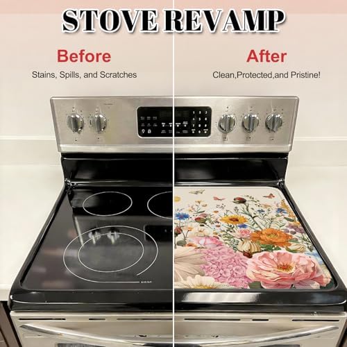 Retro Floral Stove Top Cover for Electric Stove, Wild Flowers Range Covers for Electric Stove, Rubber Dish Drying Mat, Glass Cooktop Covers, Flat RV Range top Mats, 28"x20" - Image 4