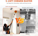 30 FT Reach Cobweb Duster with 5-24 FT Telescoping Pole, Dual Action Flip-Lock & Screw Fixing Design, Washable Reusable Duster for High Ceilings, Fans & Home Cleaning - Image 3