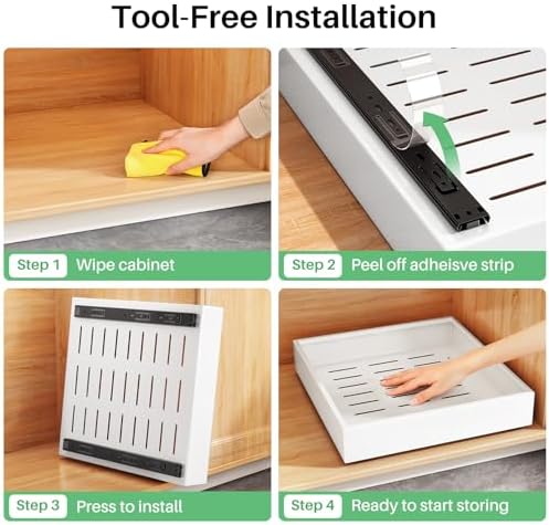 2Pack Pull out Cabinet Organizer, 21"Deep, Heavy Duty Full-extension Slide out Drawers for Kitchen Cabinet, Roll out Shelf Storage with Nano Adhesive for Pots,17"W x 21"D x 3.1"H, White - Image 7