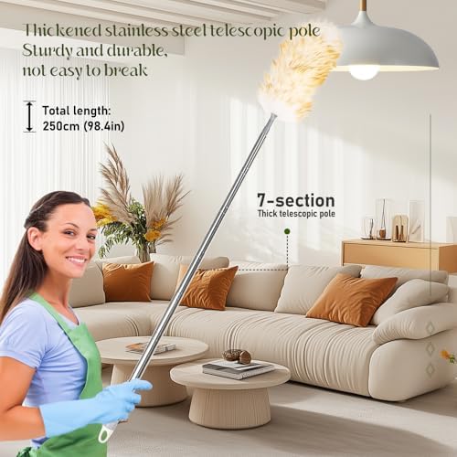 Lambswool Duster for Cleaning with Non-Slip Handle 98.4" Removable Retractable Feather Duster for Cleaning Ceiling Fans Window Blinds Interior Roof Furniture(1PCS) - Image 6