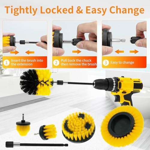 10 Pcs Drill Brush Attachment Set, Drill Scrubber Brush Kit, Drill Cleaning Brush, Scrub Brush for Grout Floor Tub Shower Bathtub Tile Sink Toilet Bathroom Kitchen Car Yellow - Image 4