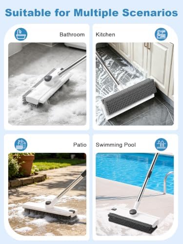 Floor Scrub Brush with Long Handle, 4 in 1 Shower Scrubber with Floor Squeegee and Heavy-Duty Stiff Bristle Push Broom for Cleaning Shower Bathroom Patio Pool Kitchen Wall Deck Tile Garage - Image 6