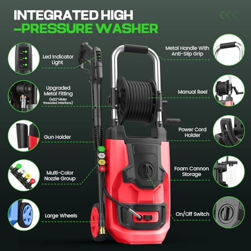 2026 New 5000 PSI Electirc Pressure Washer with 3 Levels Adjustable Pressure Gun, 4 Nozzles and Foam Cannon, Heavy Duty Power Washer for Home/Car/Fence/Garden, 20FT Hose+35FT Cord, Red - Image 5