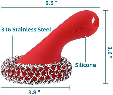 Cast Iron Scrubber,Stainless Chainmail Scrubber with Handle,Red - Image 5