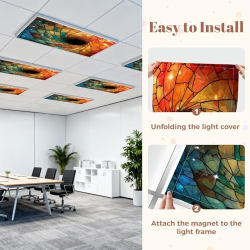 6 Pcs Fluorescent Light Covers for Ceiling Lights Colorful stained glass spiral computer generated abstract 3D rendering Magnetic Decorative Shade Filters 4x2 ft for Classroom Office Hospital Decor - Image 7