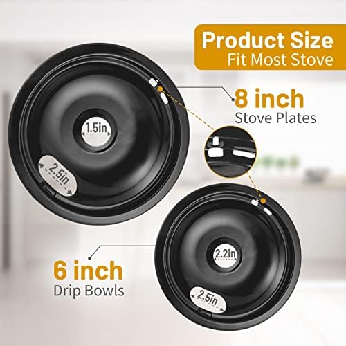 4 Pack Black Drip Pans, Compatible with Whirpool Kenmore Frigirate Stove Top Drip Bowls. Include 3 Pcs 6'' Range Replacement Drip Pans and 1 Pcs 8 '' Cooktop Drip Pans - Image 3
