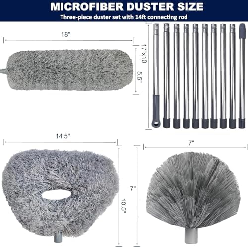 Tonmp 3 Pack 20+ Feet High Reach Grey Microfiber Feather Duster with 3-14 ft Spliceable Pole Cobweb Duster for Cleaning Fan, Spider Web, High Ceiling, Blinds, Furniture Cleaning Tool Kit, Gray - Image 2