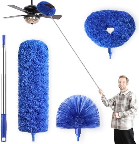 Microfiber Duster for High Ceiling Fan Blades, Cobweb with Extension Pole Adjusts 15-82 Inch, Reusable Cleaning Duster Kit with 3 Duster Heads for Wall Blinds Door Furniture Bookshelves (Blue) by POIKSHARK