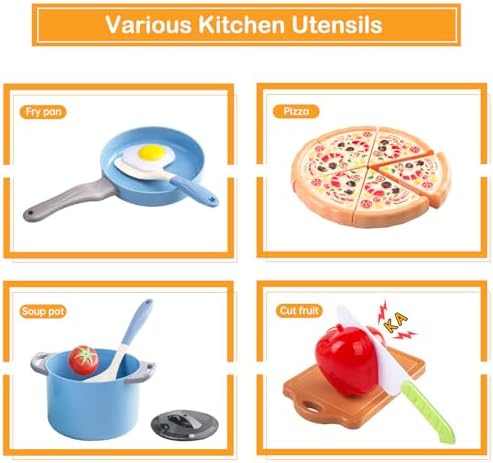 150Pcs Kitchen Playset, Toddlers Pretend Cooking Cookware Accessories, Food, Picnic Blanket, Fruits, Veges, 2Pack Shopping Storage Basket, Dessert and Prop Money, Gift for Kids (Blue) - Image 4