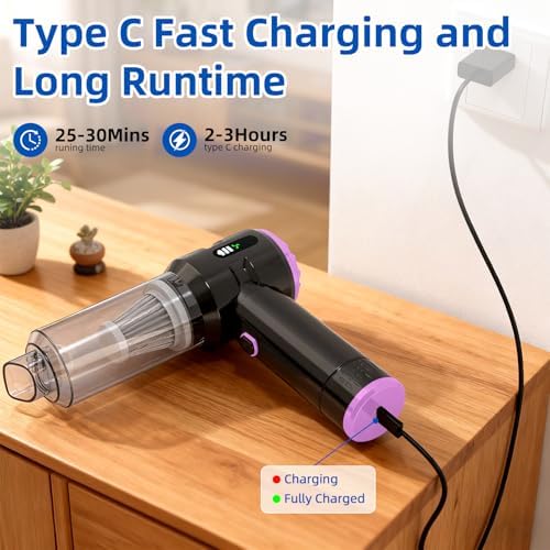 Sycoodeal Handheld Car Vacuum Cleaner, 25000PA Strong Cyclonic Suction Portable Mini Vacuum Cordless with Digital Display Lightweight Handheld for Pet Hair, Car, Home, Office, Kitchen(Purple) - Image 5
