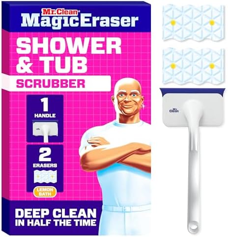 Mr. Clean Magic Eraser Shower & Tub Scrubber, Bathroom Cleaner, All in One Bathroom Cleaner, Lemon Starter Kit, 1 Scrubber & 2 Foaming Magic Erasers by MrClean