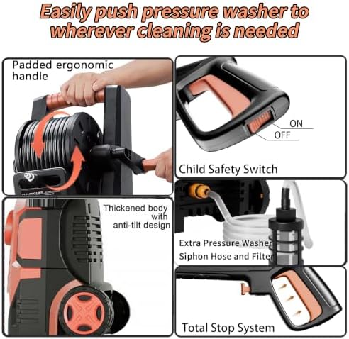 5000 Max Pressure Washer with Adj-8-Level Touch Screen, 34" Tall Power Washer, 35ft Power Cord w/GFCI, Inlet Hose&Filter&500mlFoam Cannon for Cars/Fences/Driveways/Home Cleaning，Red - Image 5