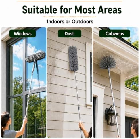 3-in-1 Feather dusters for Cleaning, Cobweb Duster with Extension Pole up to 13.8 ft, Reusable Long Duster with Window Squeegee for Cleaning high Ceilings, Spider Web, Fan - Image 6