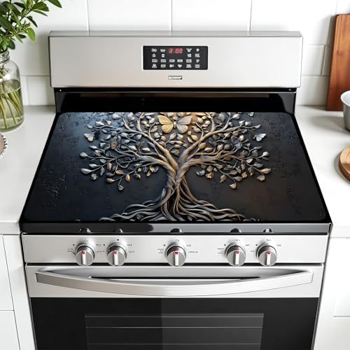 Multi-Design Stove Top Cover for Glass/Electric Stoves - 3-in-1 Heat-Resistant Protector Mat, Non-Slip Drying Rack 28"x20" (Tree of Life - Black, 28" L x 20" W) by AOHMPT