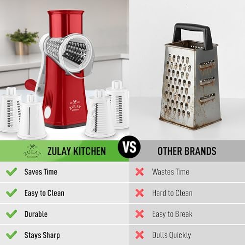 Rotary Cheese Grater Manual Hand Crank 5 Blade Shredder, White & Red - Image 2