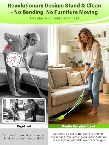 Bend-Free Gap Dust Cleaner Cleaning Tools Washable Flat Duster Brush with 4 Microfiber Chenille Dusting Cloths Long Handle 56 inches for Cleaning Under Appliances Furniture Couch Bed Fridge - Image 2