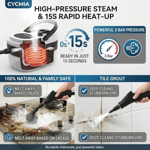 Handheld Steam Cleaner, 6-Level Adjustable Steamer for Cleaning withButtonControl, High Pressure PressurizedPortable SteamCleaning Machine for Home, Kitchen Grease, Car Detailing, Tile, Windows - Image 5