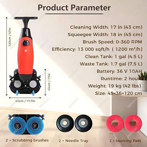 17" Commercial Floor Scrubber Machine with Double Brush Disc Battery-Powered Multi-Functional Floor Buffer Machine 360°Rotation,13000 sqft,360RPM Motor,1-Gal Clean Tank Red - Image 5