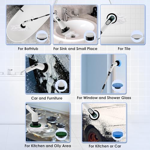 Electric Spin Scrubber for Cleaning, Cordless Power Scrubber with Long Handle, 10 Replaceable Brush Heads, 2-Speed, IPX7 Waterproof for Bathroom, Shower, Tub, Tile & Kitchen - Image 5