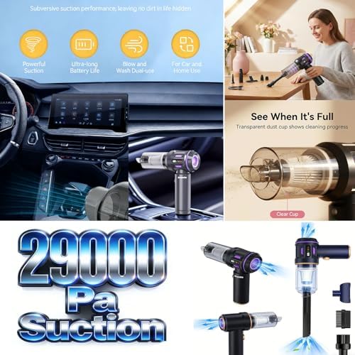 Airpollo® Car Vacuum Portable Cordless Handheld Cleaner Aspiradora para Carro, 4 in 1 with LED Screen V2 Portable 29000 Pa Suction Air Blower, Rechargeable High Power for Home, Long Lasting Battery - Image 5