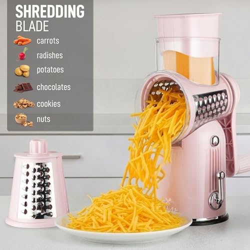 Rotary Cheese Grater Manual Hand Crank 5 Blade Shredder, Classic Pink - Image 3