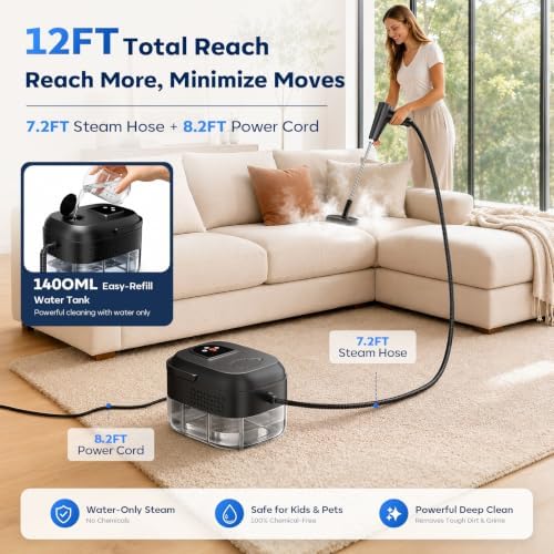 Steam Cleaner 1.4L Tank, 1500W High Power, 6 Adjustable Steam Levels, 15-Second Fast Heating, 17-in-1 Multi-Purpose Accessories for Floor, Kitchen, Grout, Tile, Car, Upholstery, and Home Deep Cleaning - Image 3
