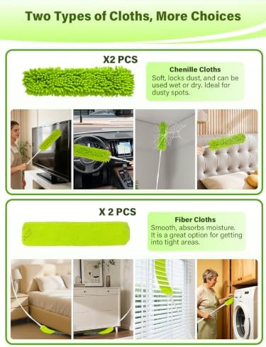 Bend-Free Gap Dust Cleaner Cleaning Tools Washable Flat Duster Brush with 4 Microfiber Chenille Dusting Cloths Long Handle 56 inches for Cleaning Under Appliances Furniture Couch Bed Fridge - Image 6