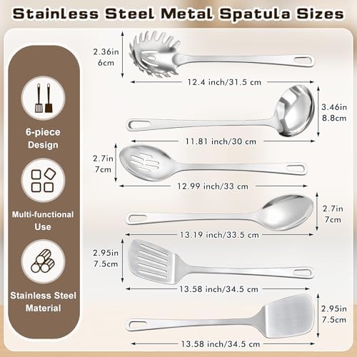 9 Pcs Cooking Utensils Set, Stainless Steel Kitchen Utensils, Heat Resistant Metal Kitchen Tools Include Solid & Slotted Turner Wok Spatula, Serving Spoon, Ladle, Pasta Server, Meat Fork, Tongs Silver - Image 6