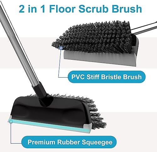 ITTAR Floor Scrub Brush with 55" Long Handle, 10" Wide Stiff Bristles Deck Brush, Stainsless Steel Pole Heavy-Duty Cleaning Brush, 2-in-1 Scrubber with Ruber Squeegee for Deck, Patio, Pool, Tile, Wall - Image 2