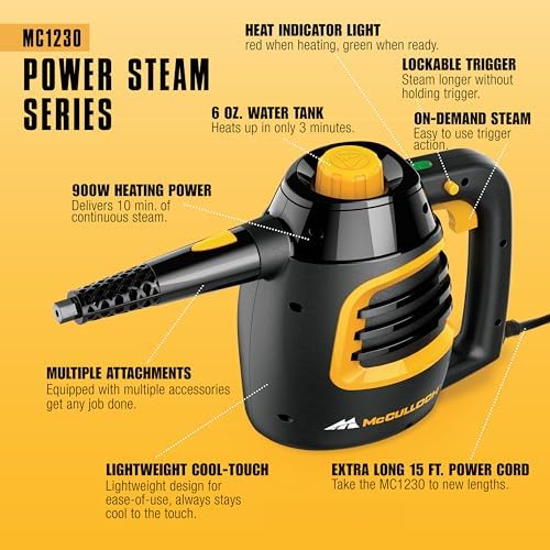 McCulloch MC1230 Handheld Steam Cleaner, 11 Accessories, 10 Min Runtime - Image 4