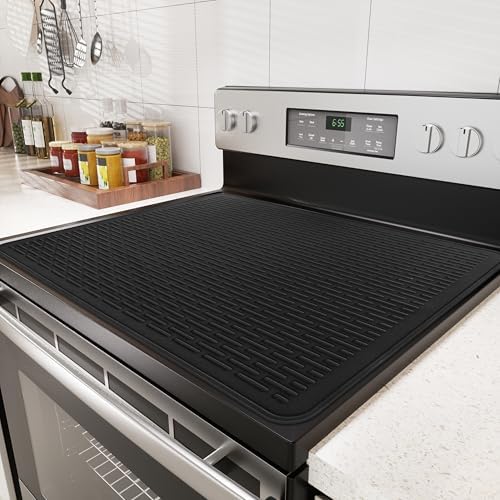 Stove Top Cover for Electric Stove - Food Grade Ceramic Stove top Cover,Silicone XXL Dish Drying Mat, Glass Cooktop Covers, Flat RV Range top Mats (Black,28x20) by Abalter